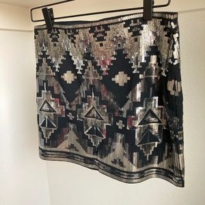 Express High Waist Black Silver Sequin Beaded Aztec Tribal Mini Skirt Small